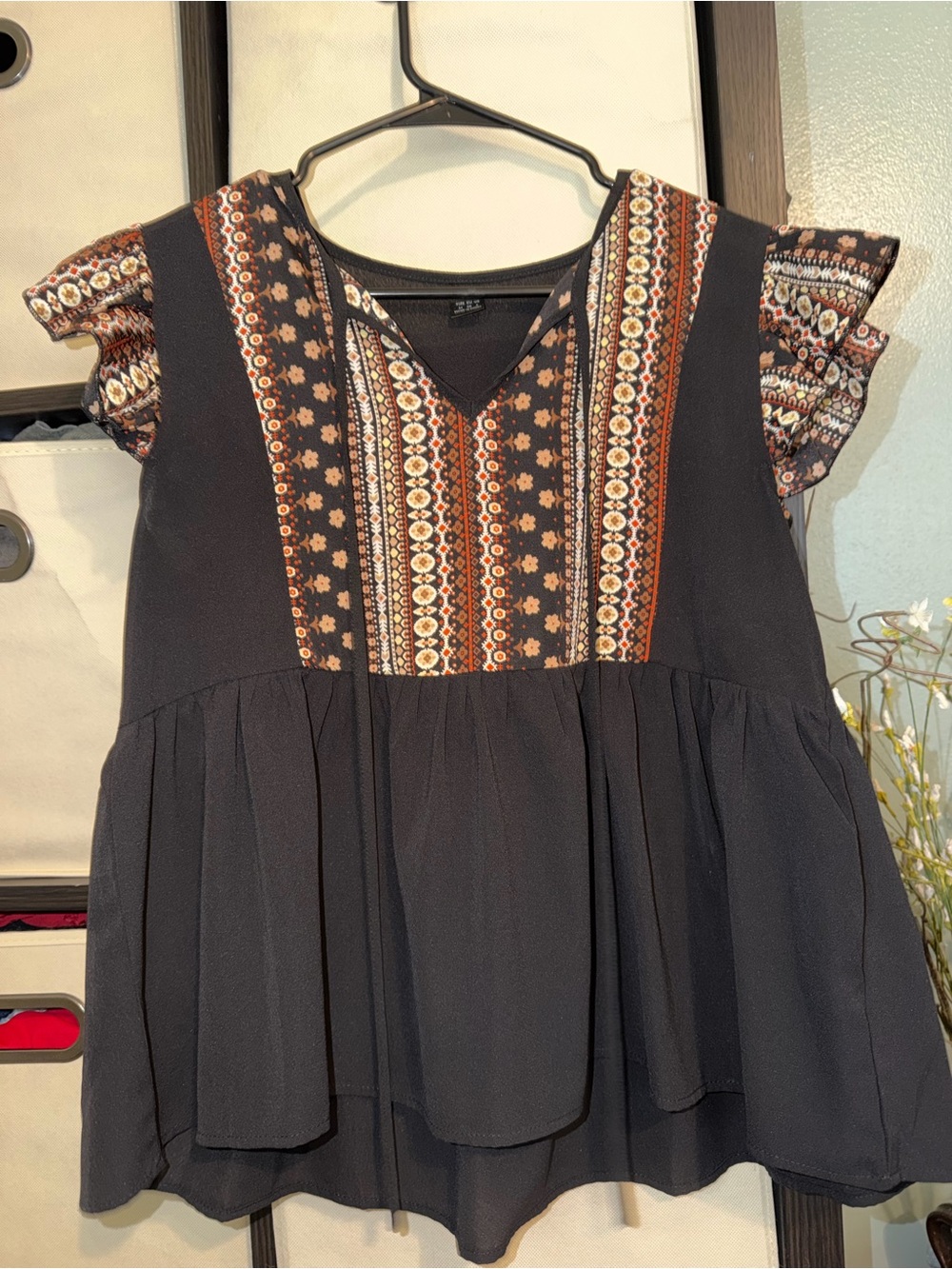 SHEIN Black Tunic with Rust and Cream Embroidered Yoke